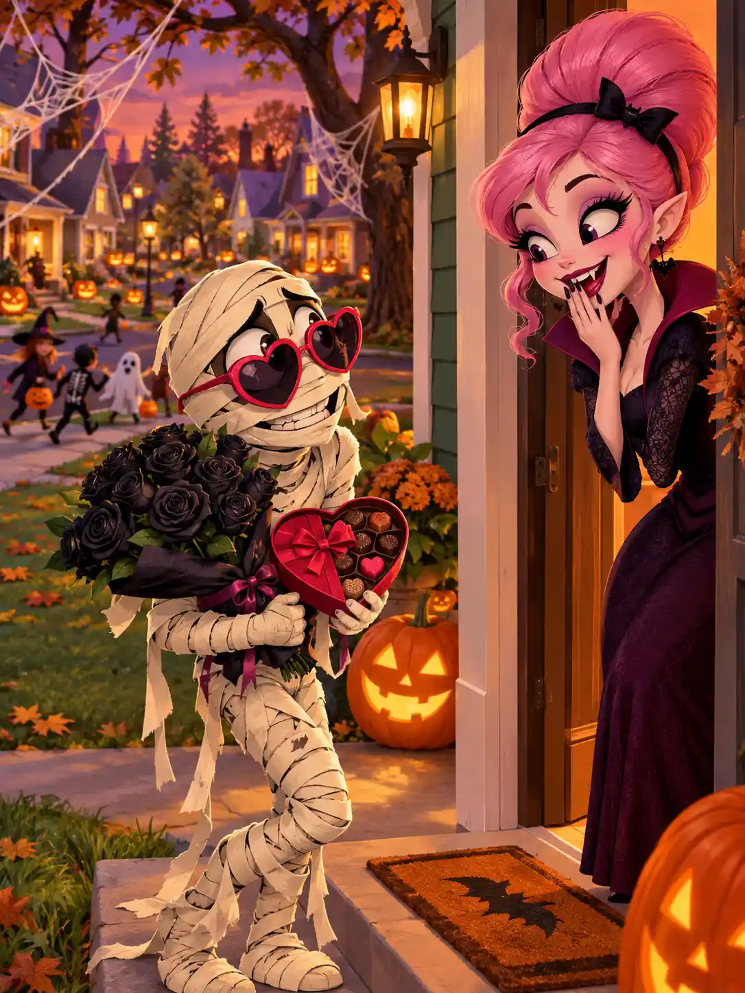Uma múmia corteja uma vampira à porta no Halloween
