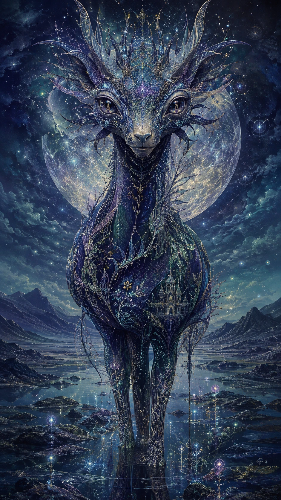 孤獨的奇幻生物佇立在廣闊的月色荒野中