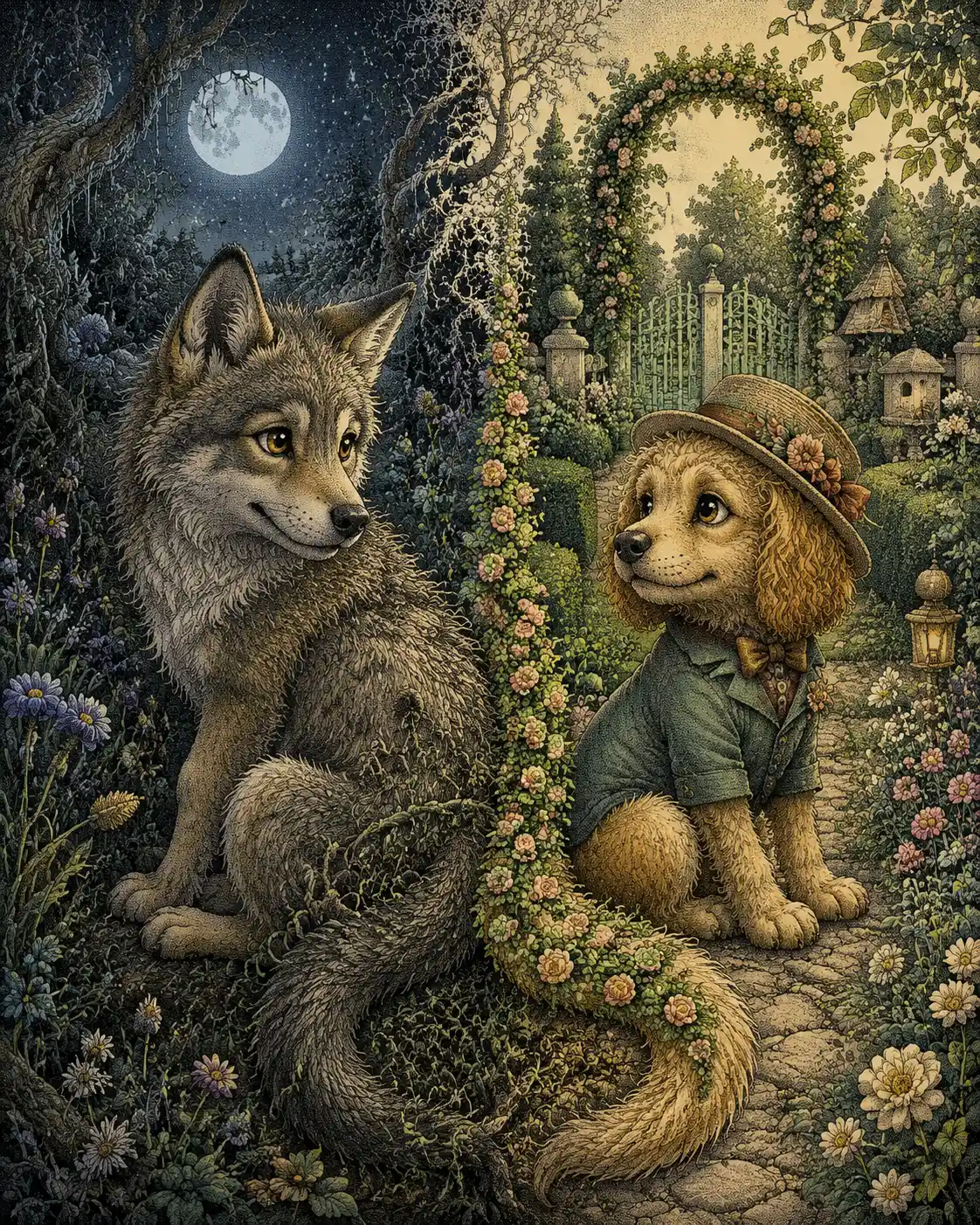 Um jovem lobo senta-se ao lado de um minúsculo cão de jardim antropomórfico
