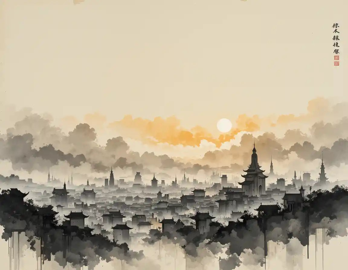 Silhouette urbaine de la dynastie Ming à l'encre monochrome à l'heure dorée