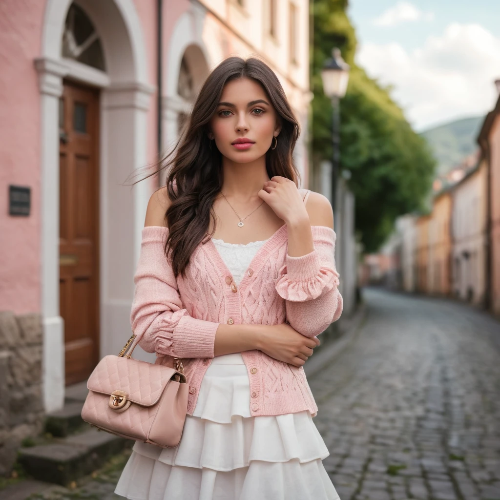 Uma jovem vestida de rosa em uma rua de paralelepípedos