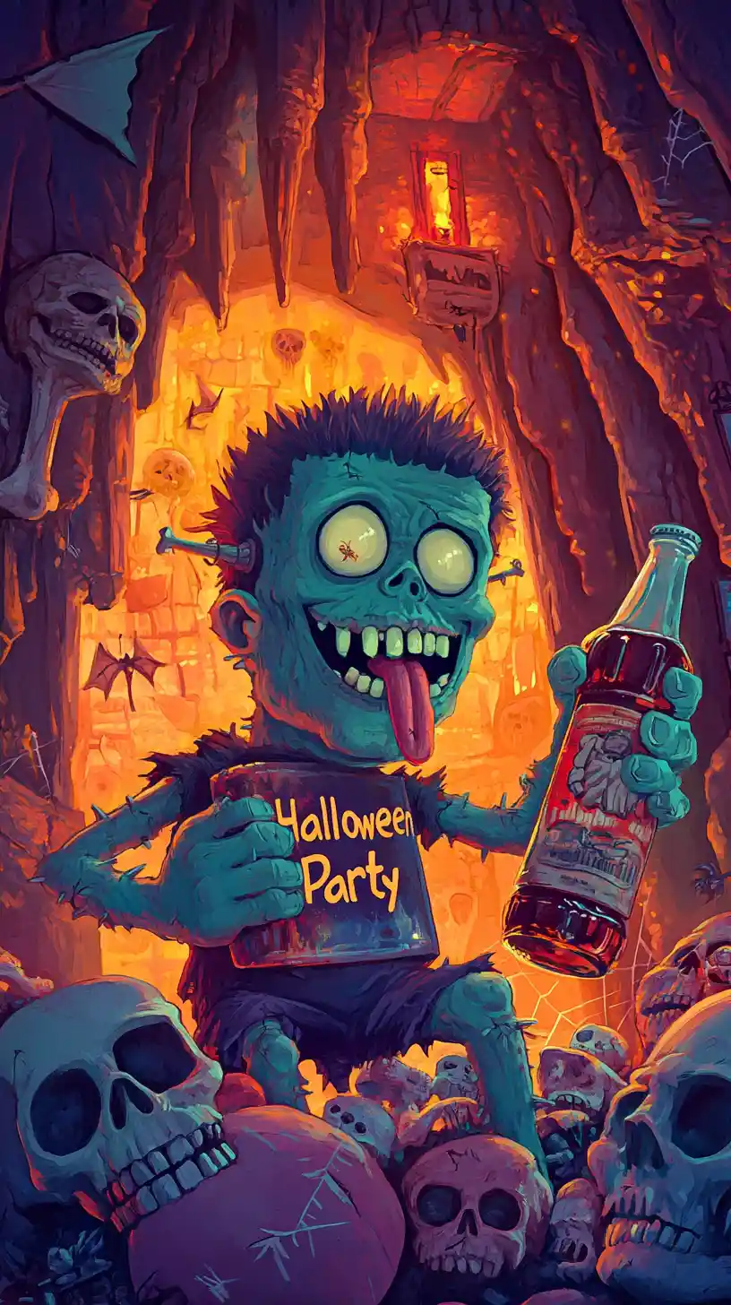 Um monstro de Frankenstein mostra a língua enquanto segura uma cola envenenada