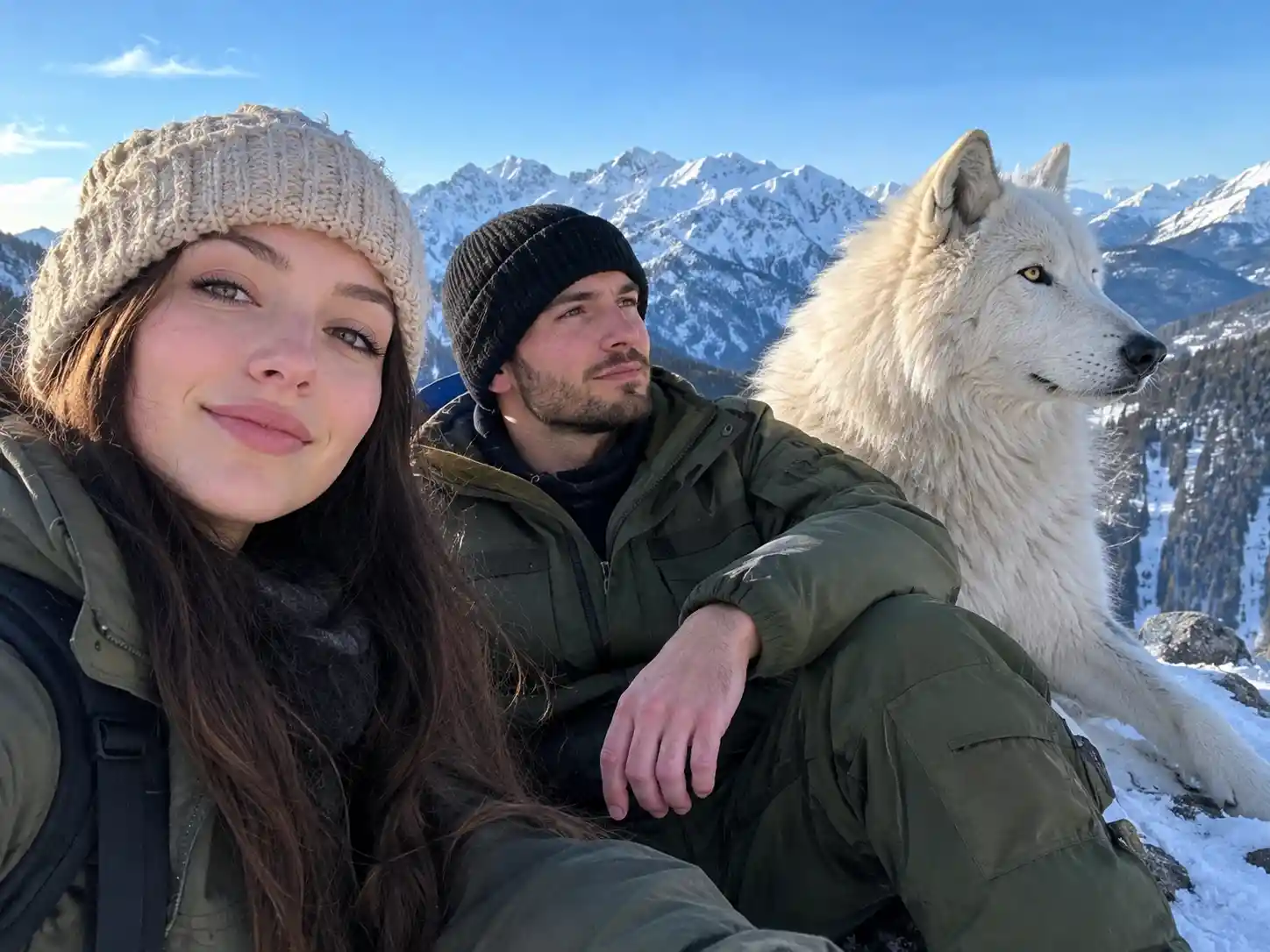 Um homem sentado ao lado de um lobo branco numa crista montanhosa coberta de neve