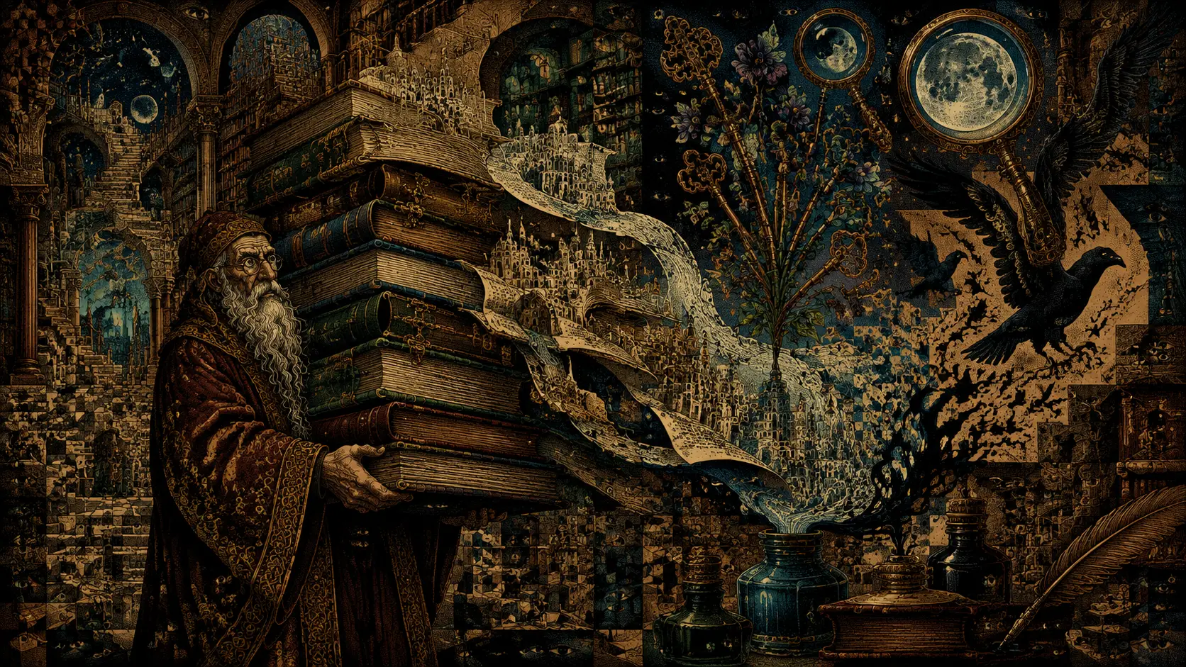 Um bibliotecário ancestral carrega livros imponentes que se desdobram em cidades