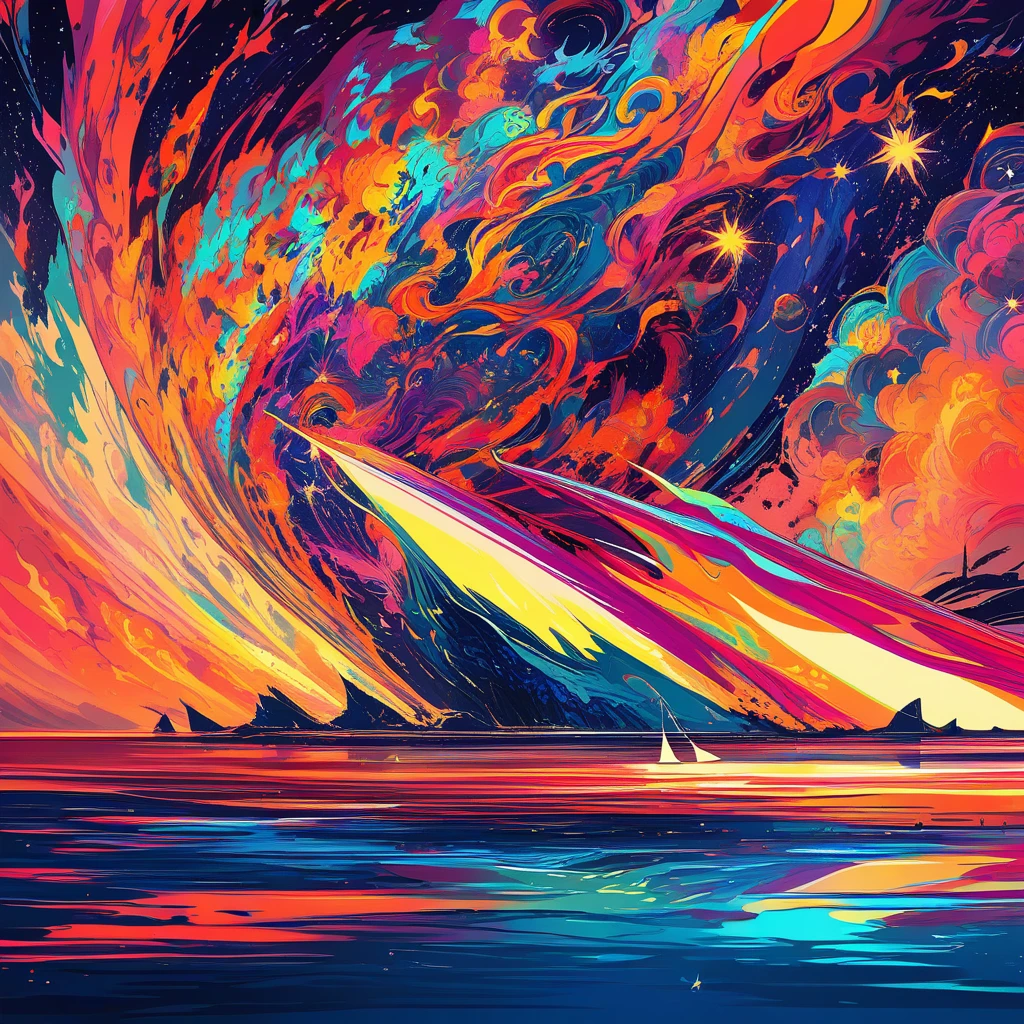 A luminous coastline poster with crystalline cliffs and a shimmering sea