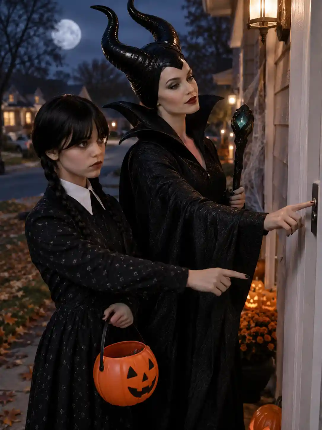 Wednesday Addams and Maleficent go trick-or-treating from house to house