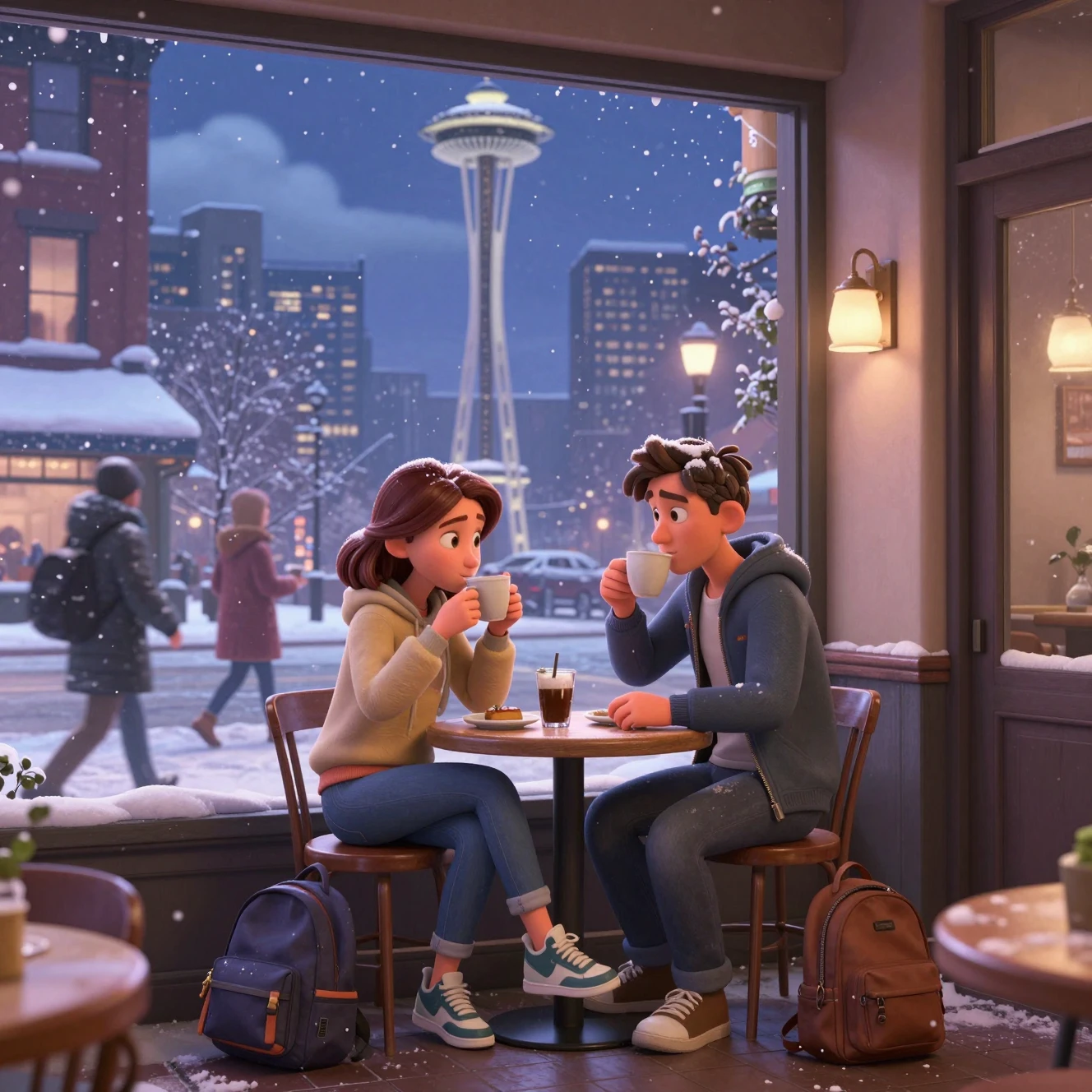 A man and woman share coffee at a Seattle street cafe on a snowy evening