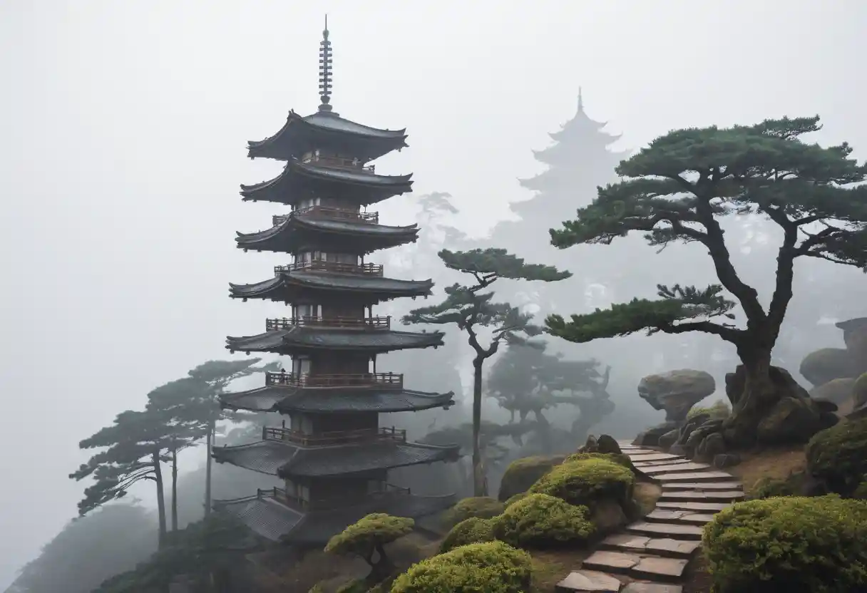 Une pagode en bois s’élève dans la brume au-dessus d’une colline paisible