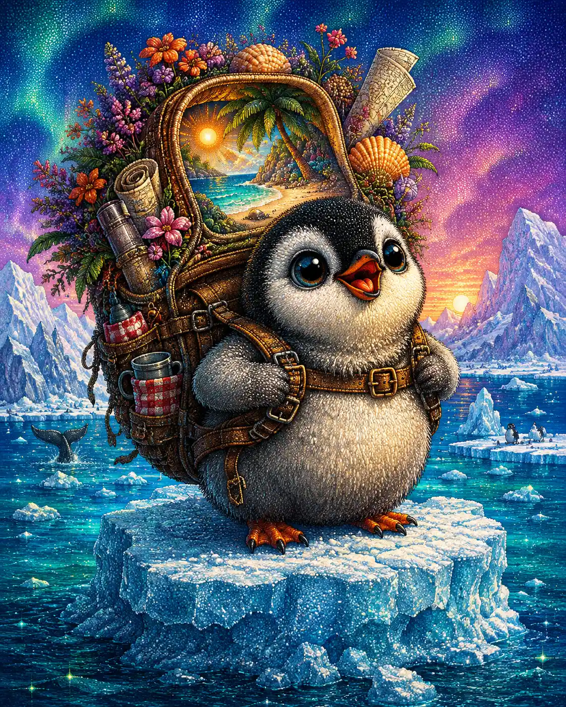 Un cucciolo di pinguino posa fiero su un iceberg con uno zaino enorme