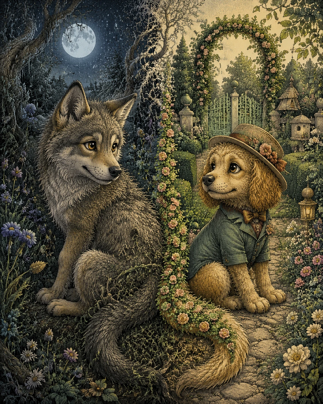 Um jovem lobo senta-se ao lado de um minúsculo cão de jardim antropomórfico