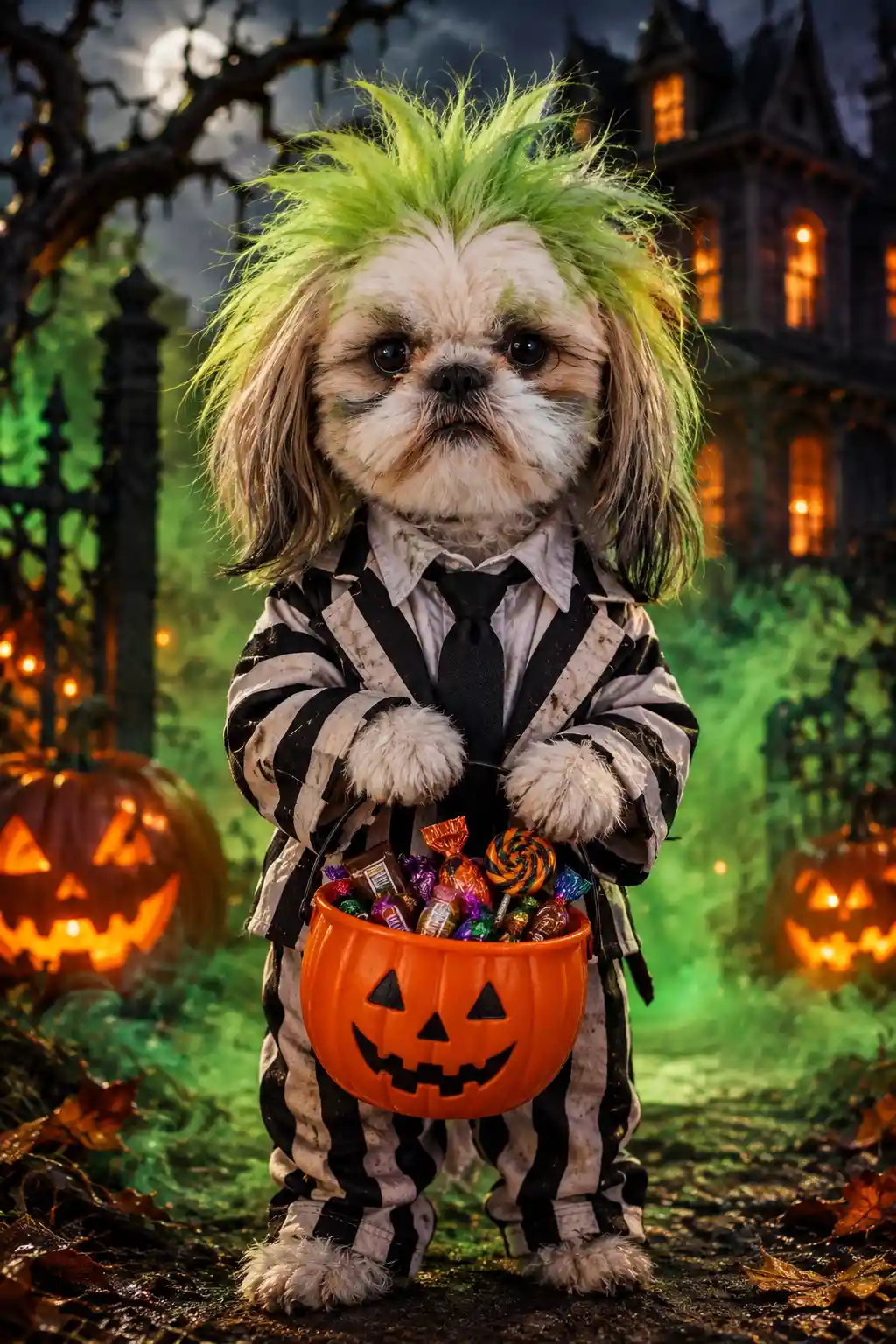Un Shih Tzu en costume de Beetlejuice avec des bonbons d’Halloween