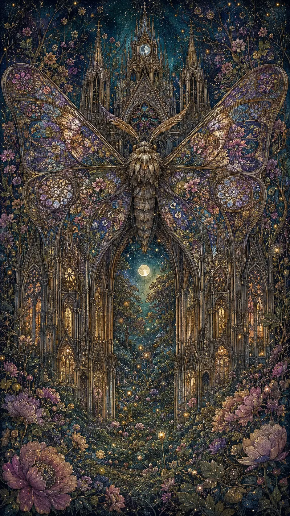 Uma mariposa colossal paira diante de uma antiga catedral gótica