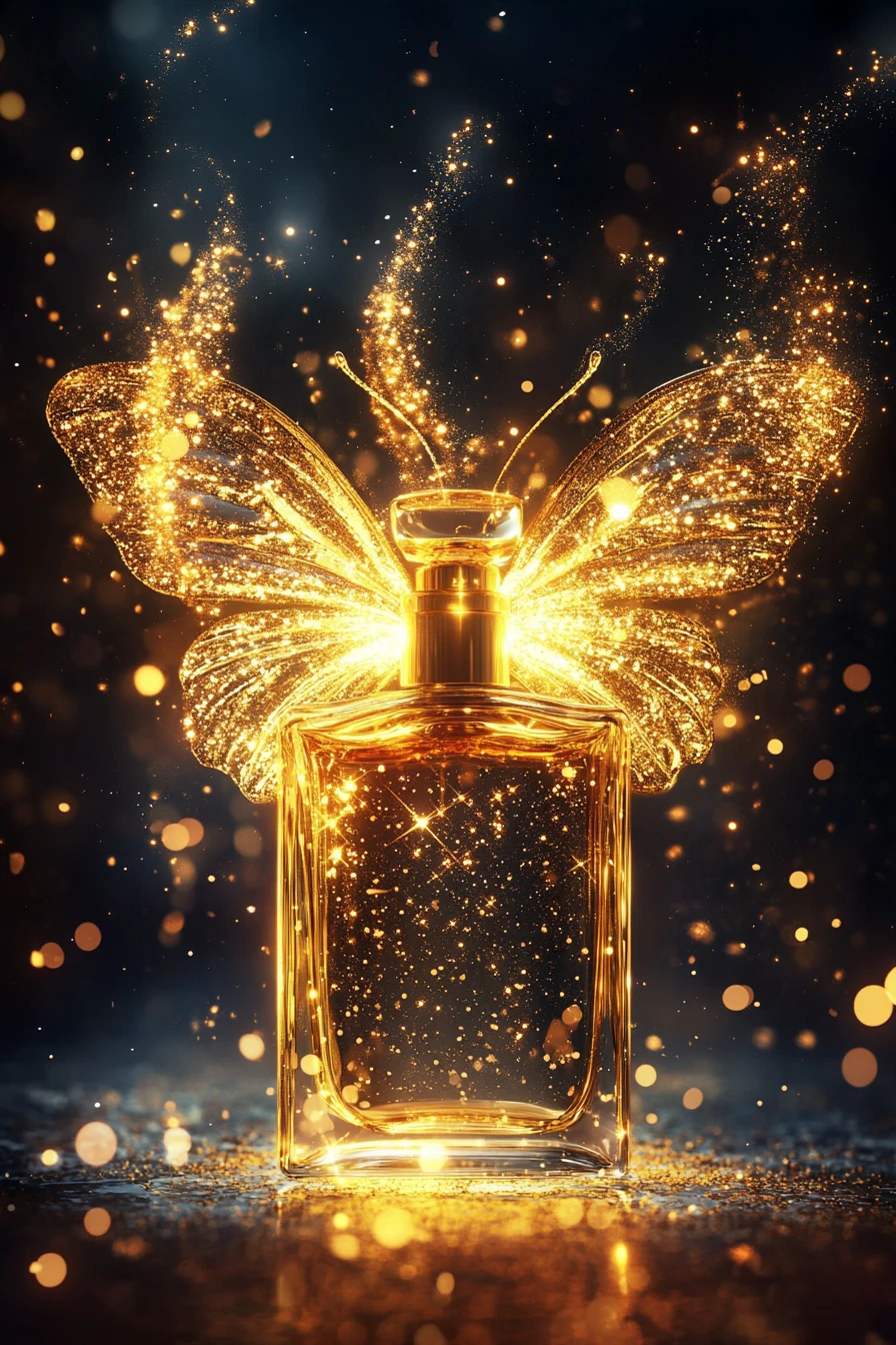 Ein goldener Parfümflakon erstrahlt, während funkelndes Licht einen Schmetterling formt