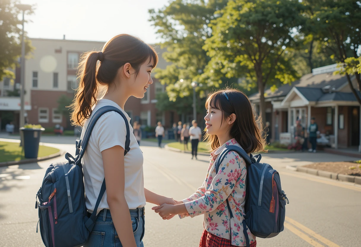 A young mother meets her daughter outside the girl's school