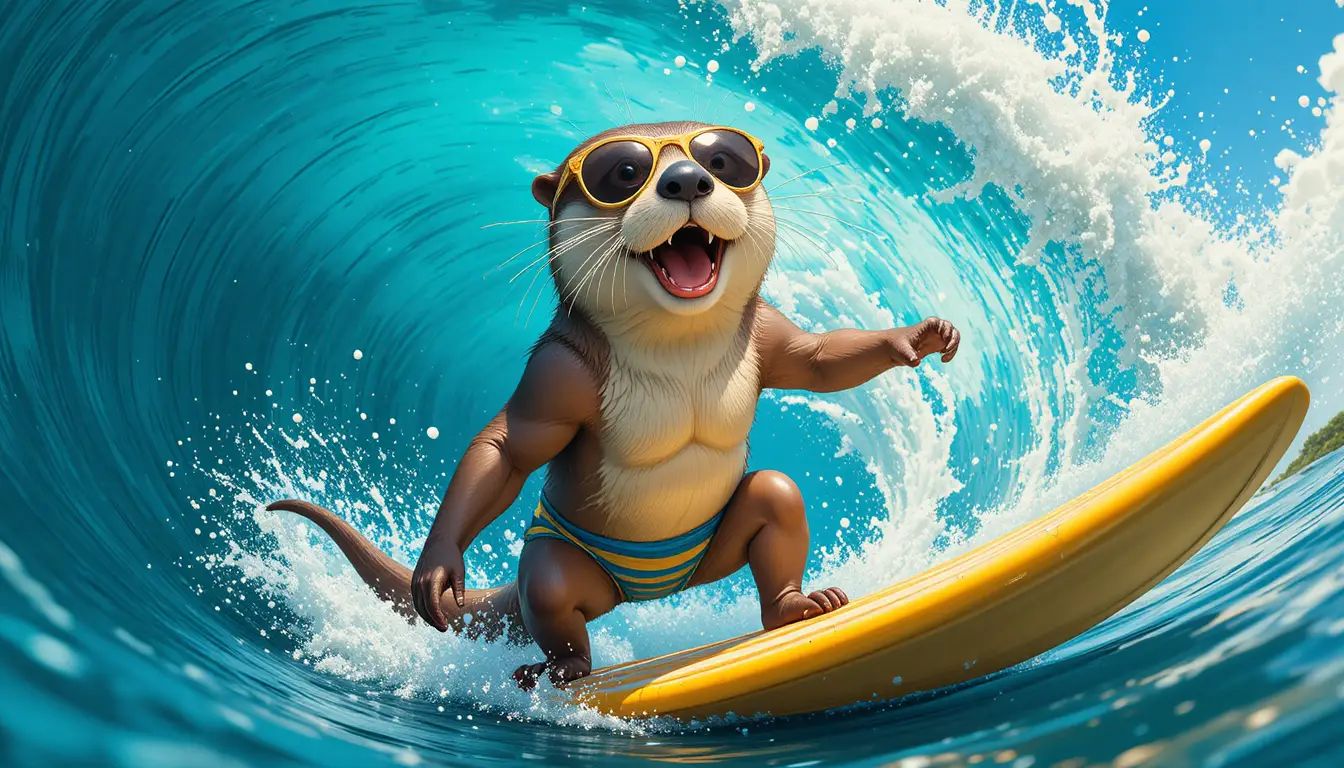 Ein Cartoon-Otter surft auf einem gelben Brett eine türkisfarbene Welle