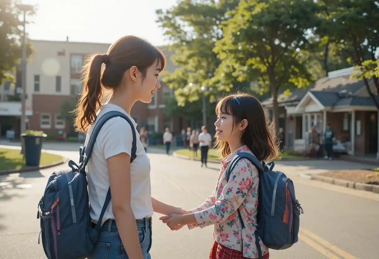 若い母親が娘の学校の外で娘と会う