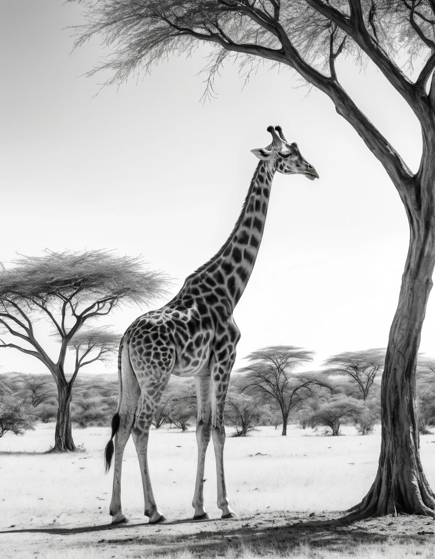 Eine Giraffe streckt sich in einer sonnenbeschienenen Savanne nach Akazienblättern