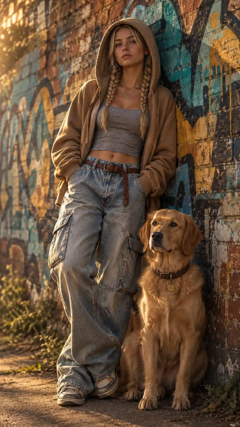 Joven apoyada en una pared con grafitis junto a un golden retriever