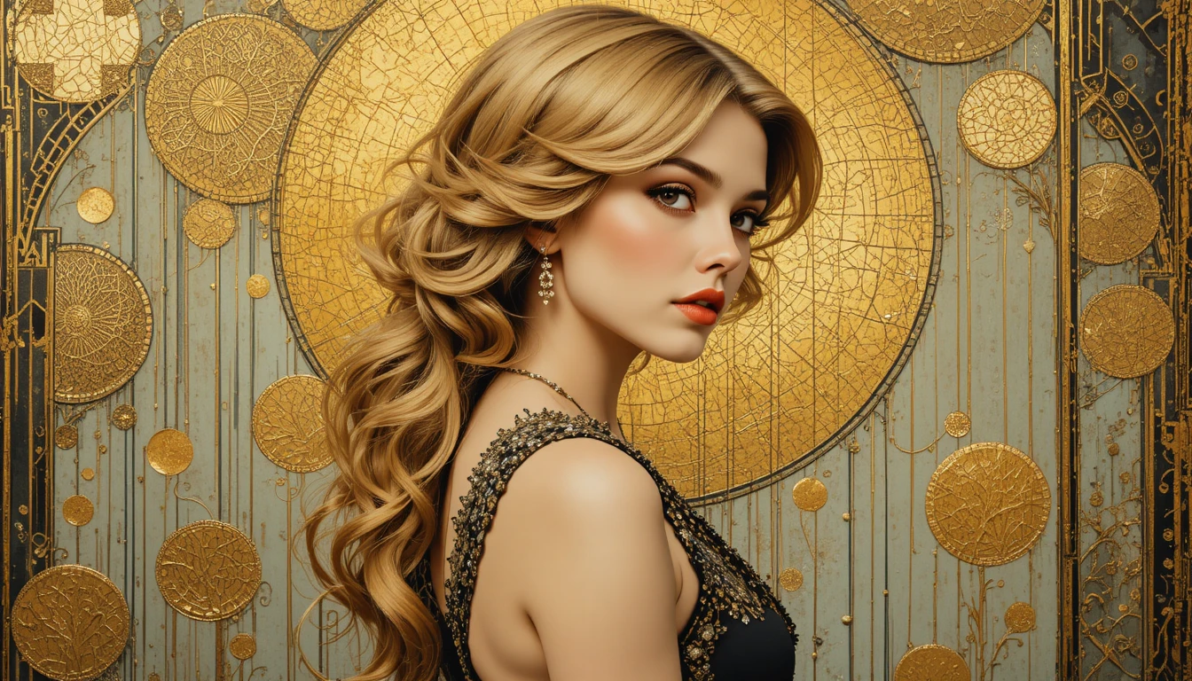 Mulher dos anos 1920 de perfil, com cabelo loiro comprido e vestido de noite