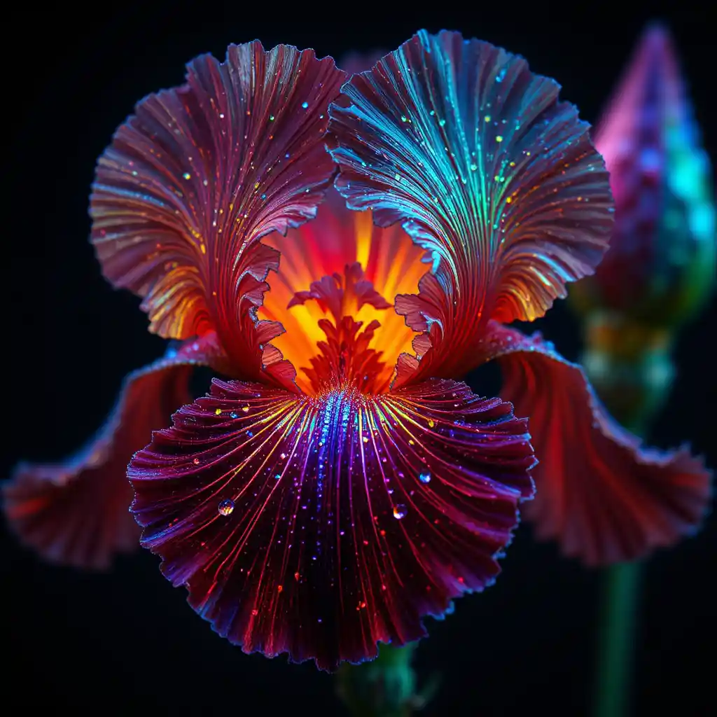 Un iris nero con venature arcobaleno luminose e rugiada cristallina