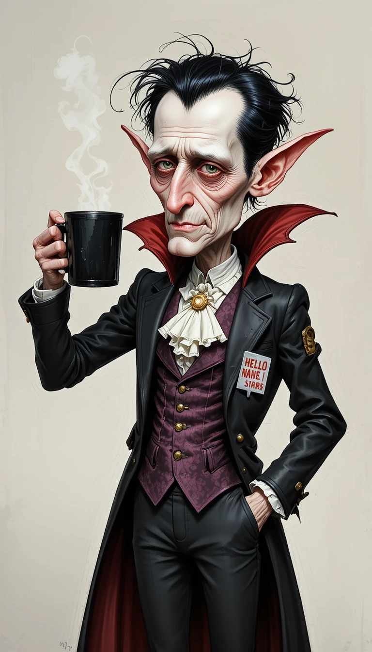 Un impiegato vampiro esausto tiene in mano un caffè a una festa di Halloween