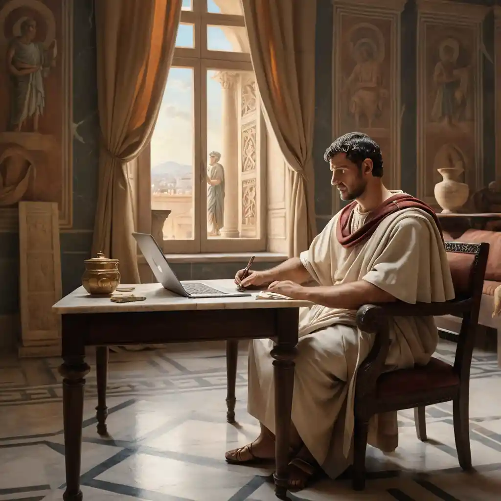 A roman senator dictates a letter beside a scribe working on a laptop