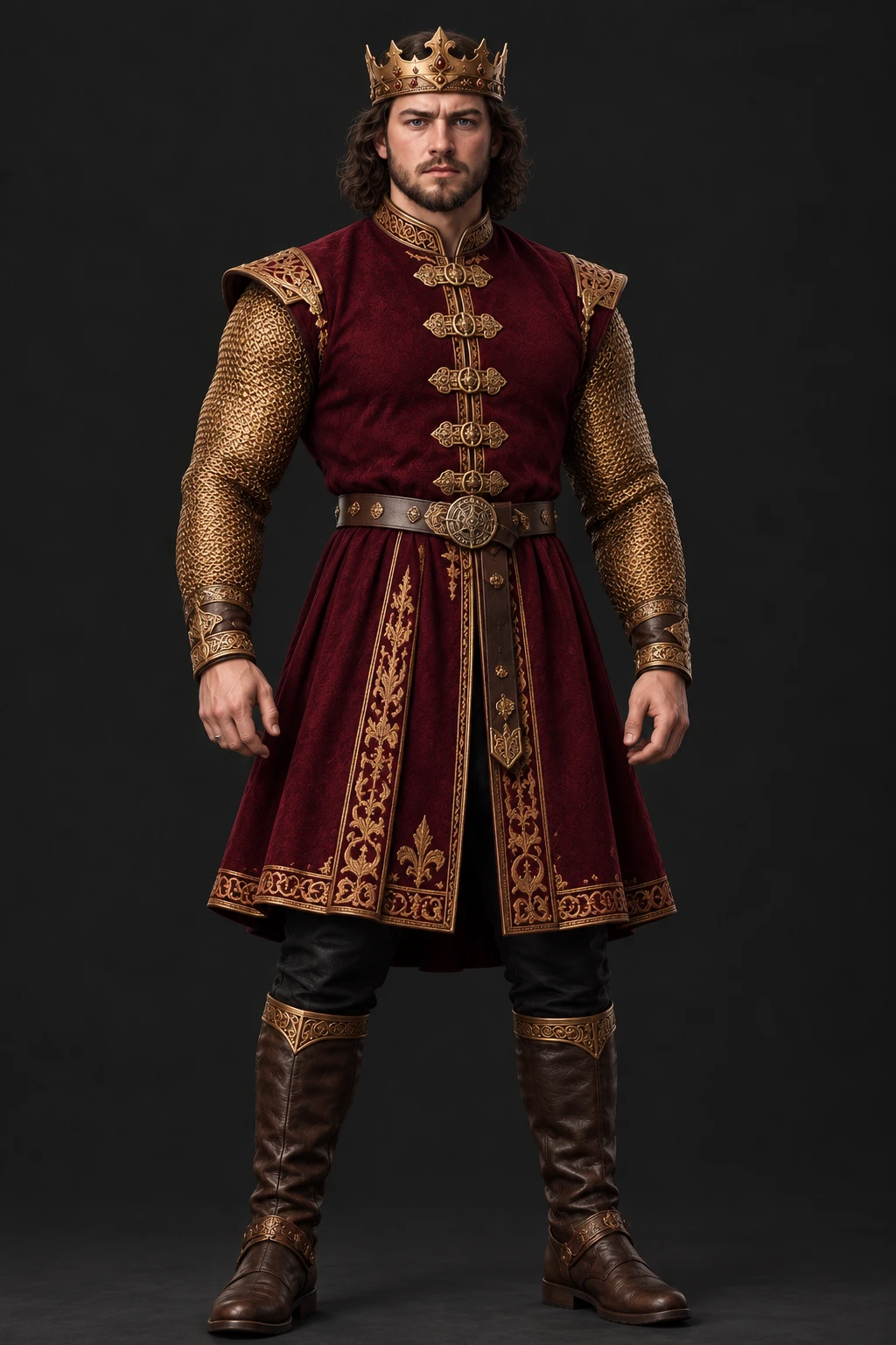 Um rei coroado com vestes majestosas em carmesim e dourado