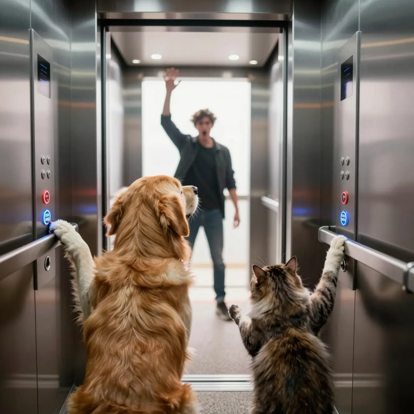 A golden retriever and cat reach for elevator buttons from behind