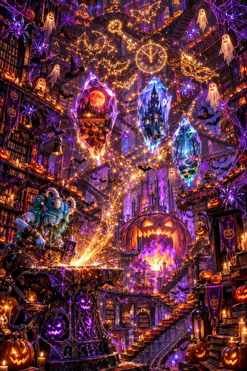 Uma biblioteca gótica repleta de abóboras luminosas e escadarias impossíveis