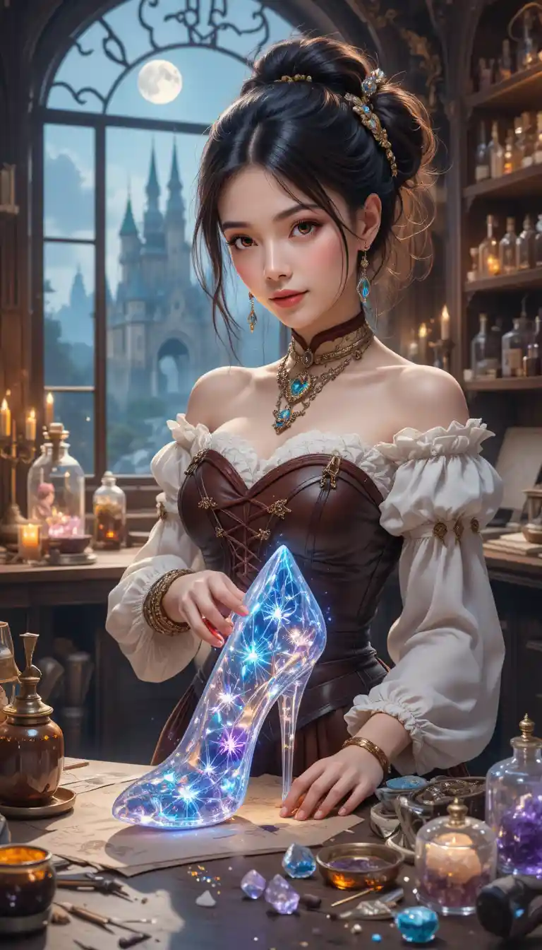 Une cordonnière magique façonne un talon de cristal lumineux dans son atelier