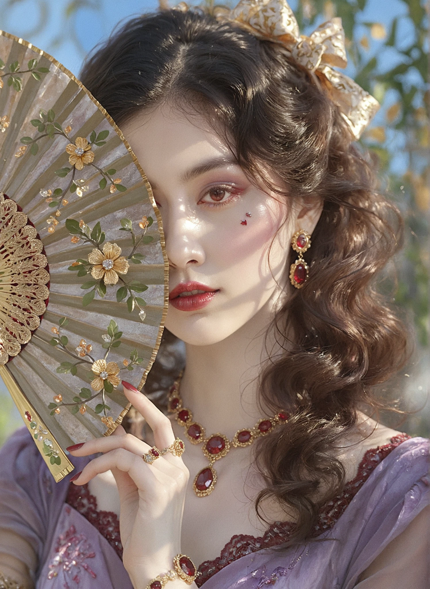 Eine junge Frau blickt im Glamour des Vintage-Hollywood über einen roten Fächer