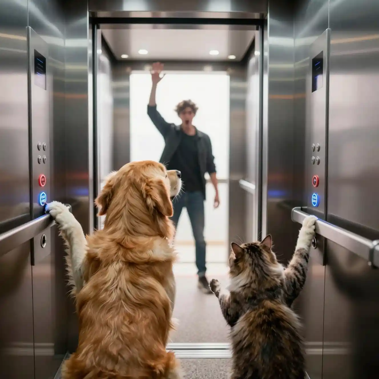 Un golden retriever e un gatto raggiungono da dietro i pulsanti dell'ascensore