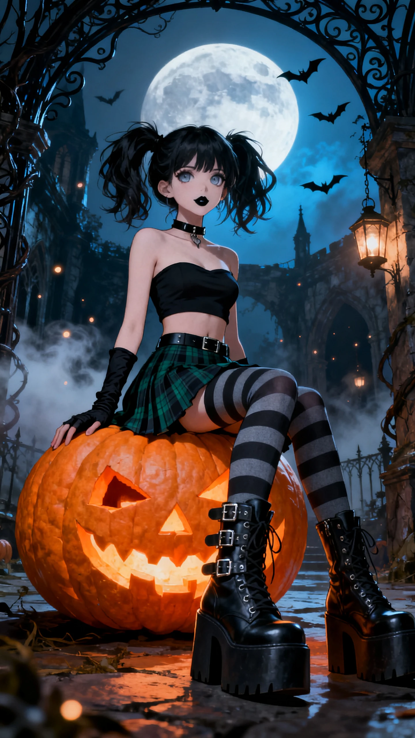 Une femme de style anime assise sur une citrouille sculptée et lumineuse sous la lune