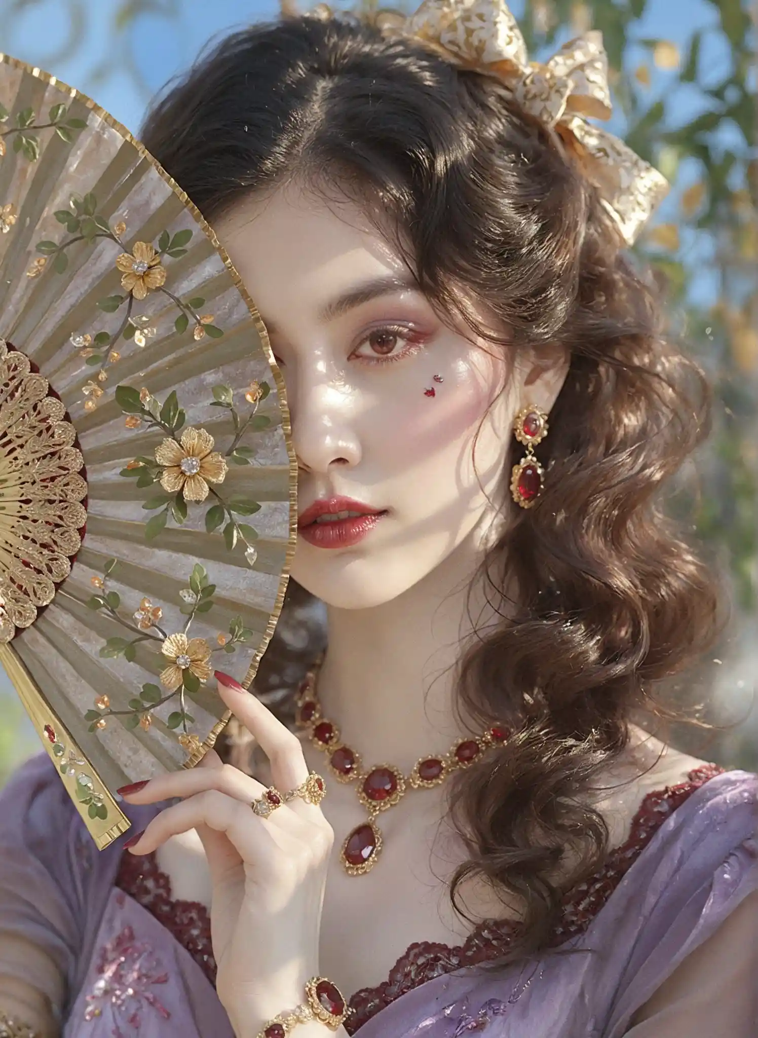 Una giovane donna sbircia da sopra un ventaglio rosso con il fascino vintage di Hollywood