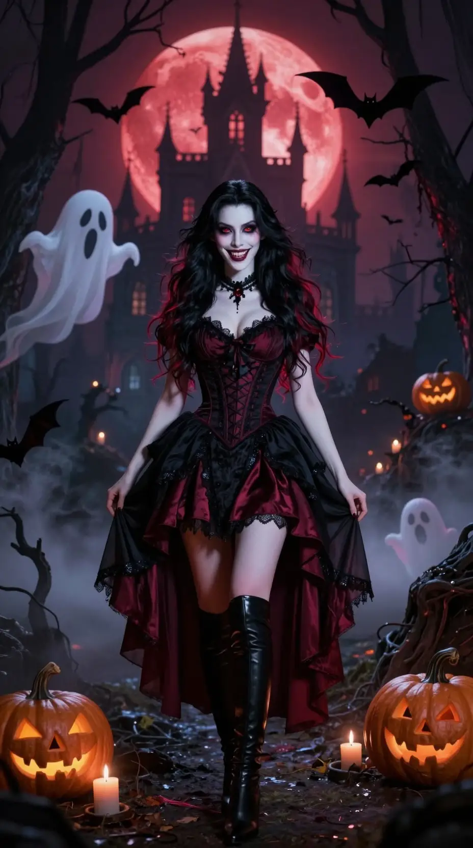 Uma vampira está em uma floresta gótica misteriosa