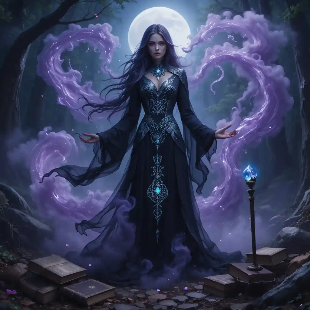 Uma feiticeira com um vestido preto está sob a copa de uma floresta iluminada pela lua