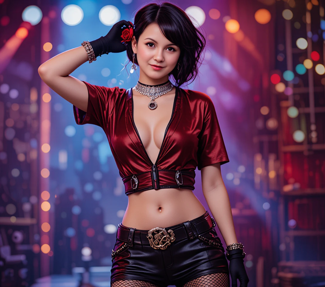 Uma mulher usando luvas posa com joias, lábios vermelho-escuros e uma mão atrás da cabeça