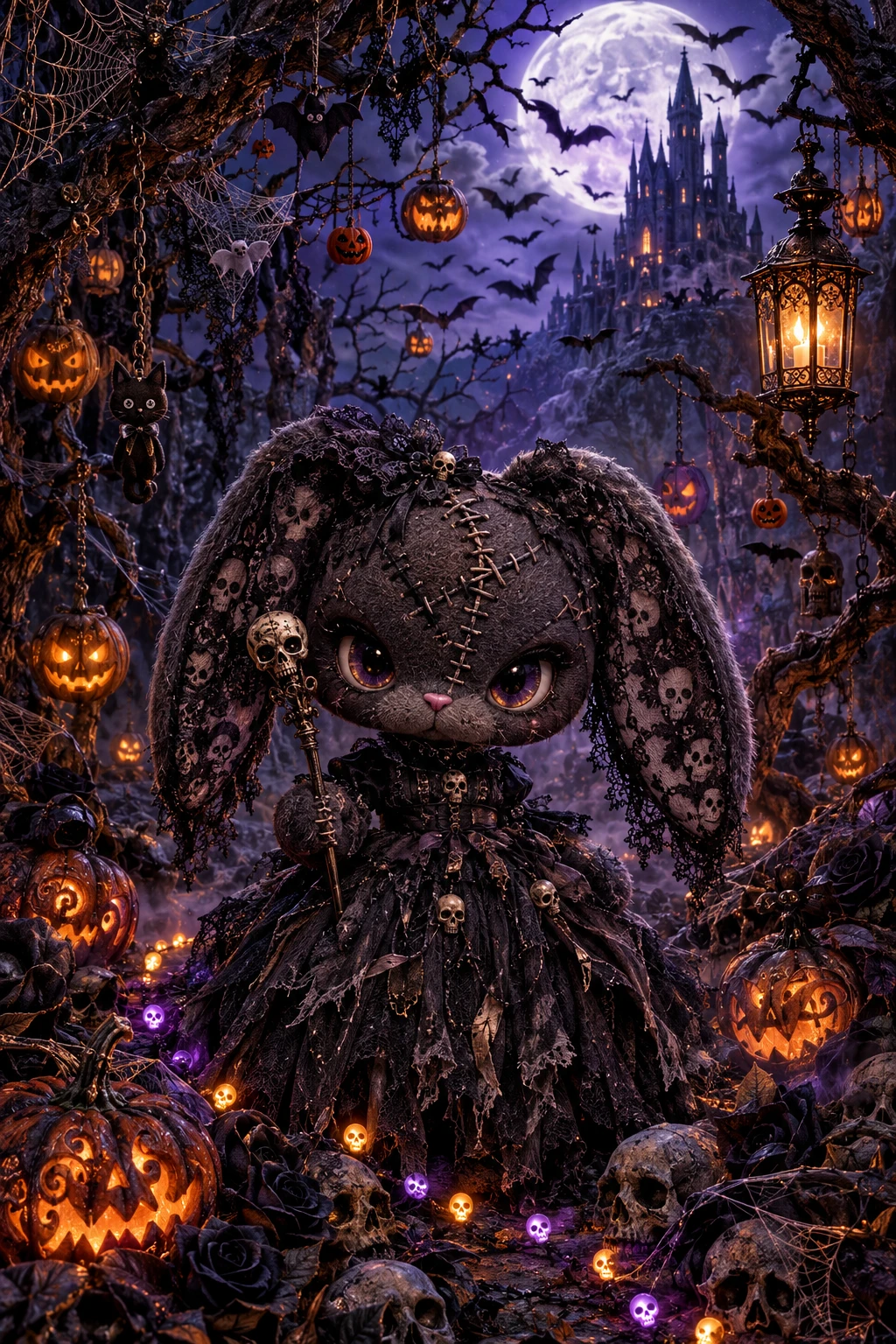 Uma boneca de coelho gótica costurada segura um cetro com uma caveira no topo