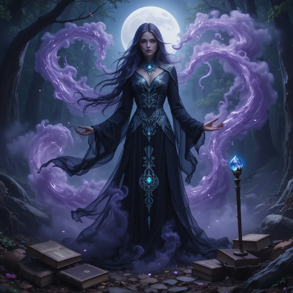 Uma feiticeira com um vestido preto está sob a copa de uma floresta iluminada pela lua
