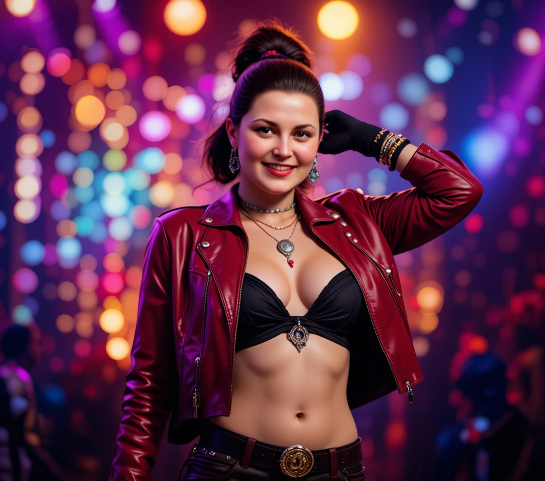 Mulher tatuada posa com joias e lábios vermelho-escuros