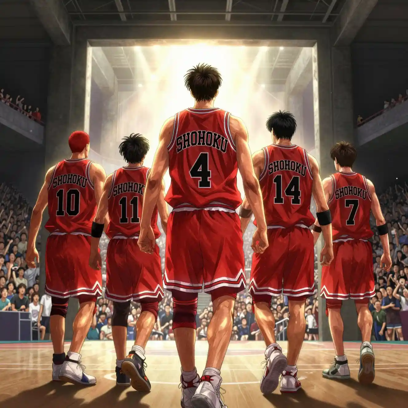 Basketball team walks through a tunnel toward the arena
