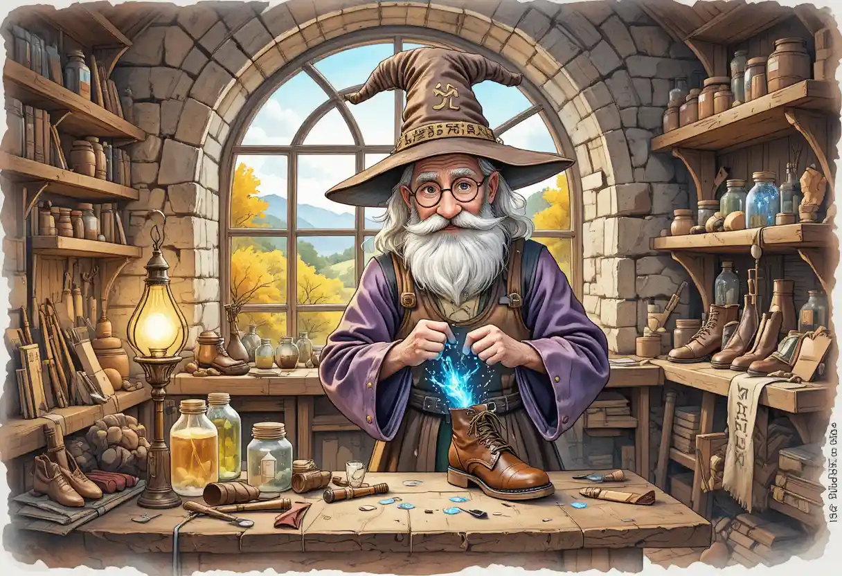 An elderly wizard shoemaker laces a glowing boot in his workshop