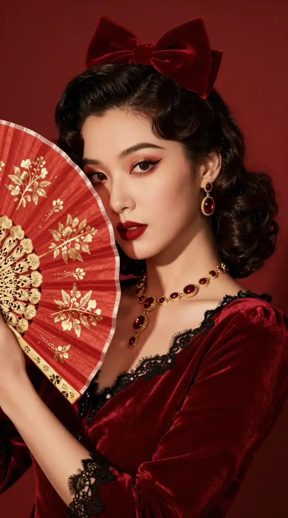 Una giovane donna posa con un ventaglio rosso nel glamour della Hollywood classica