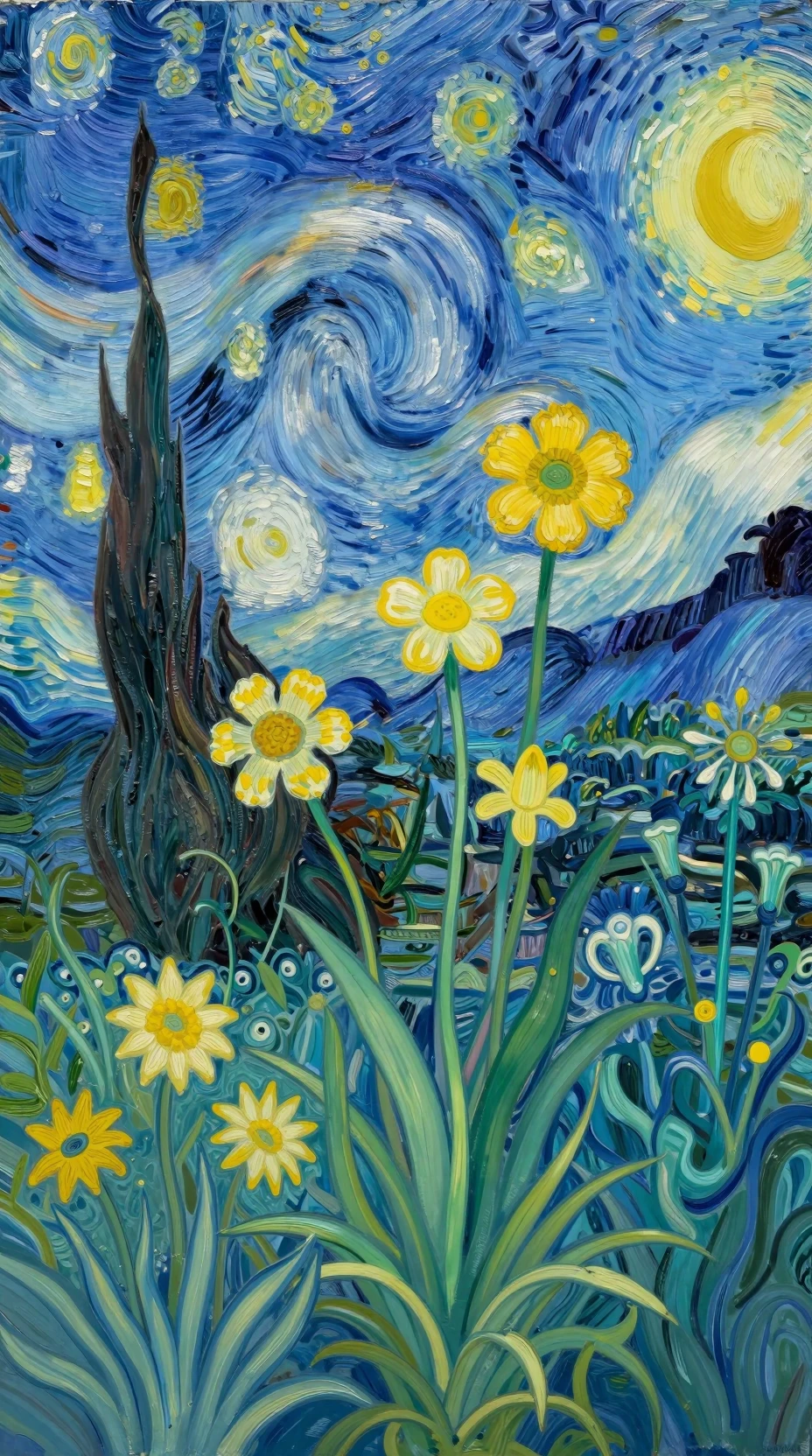 Exotic flowers and lush foliage in a whimsical art nouveau design