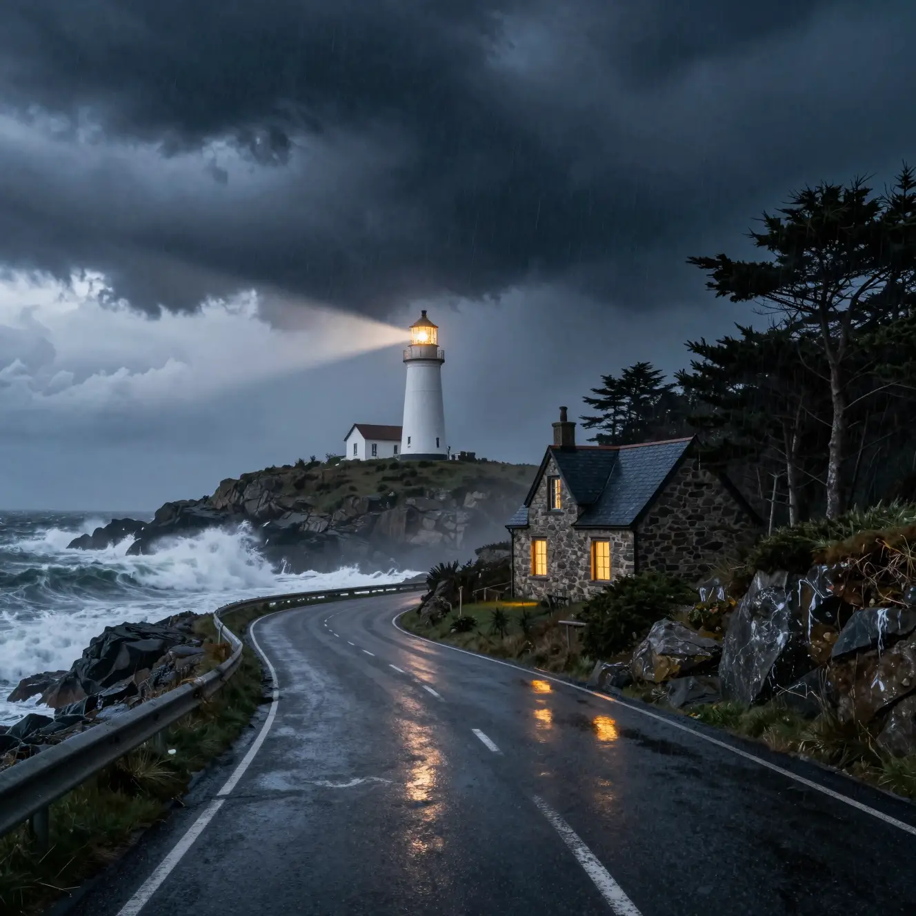 Une route côtière battue par la tempête serpente vers un phare perché sur une falaise