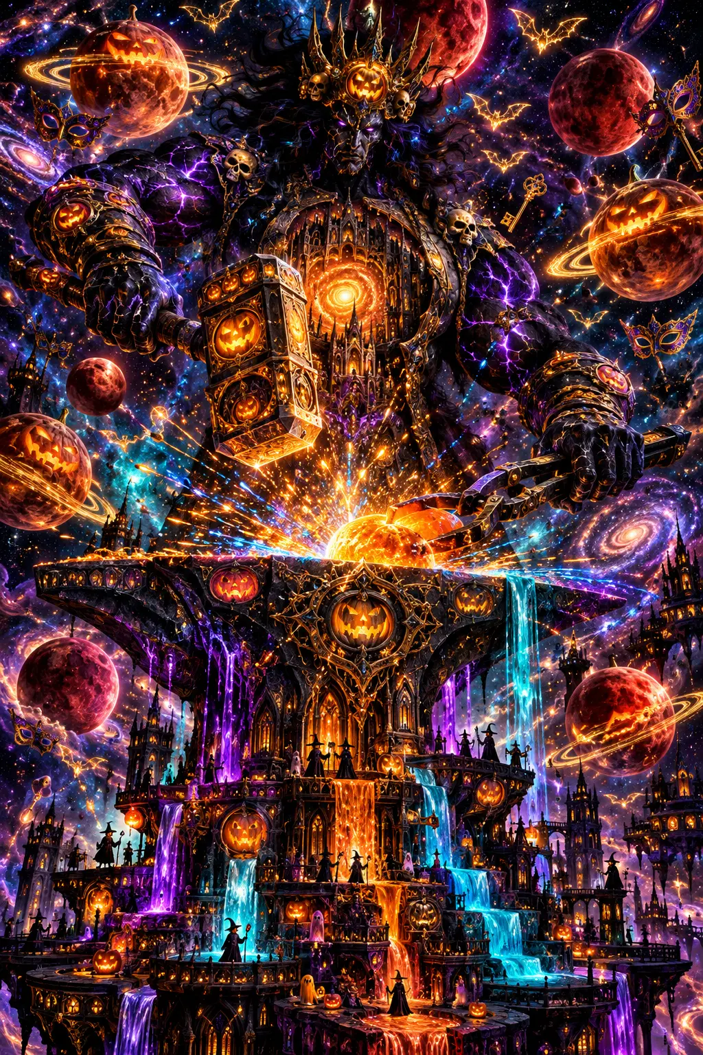 Uma divindade cósmica forja a realidade entre planetas de Halloween em espiral