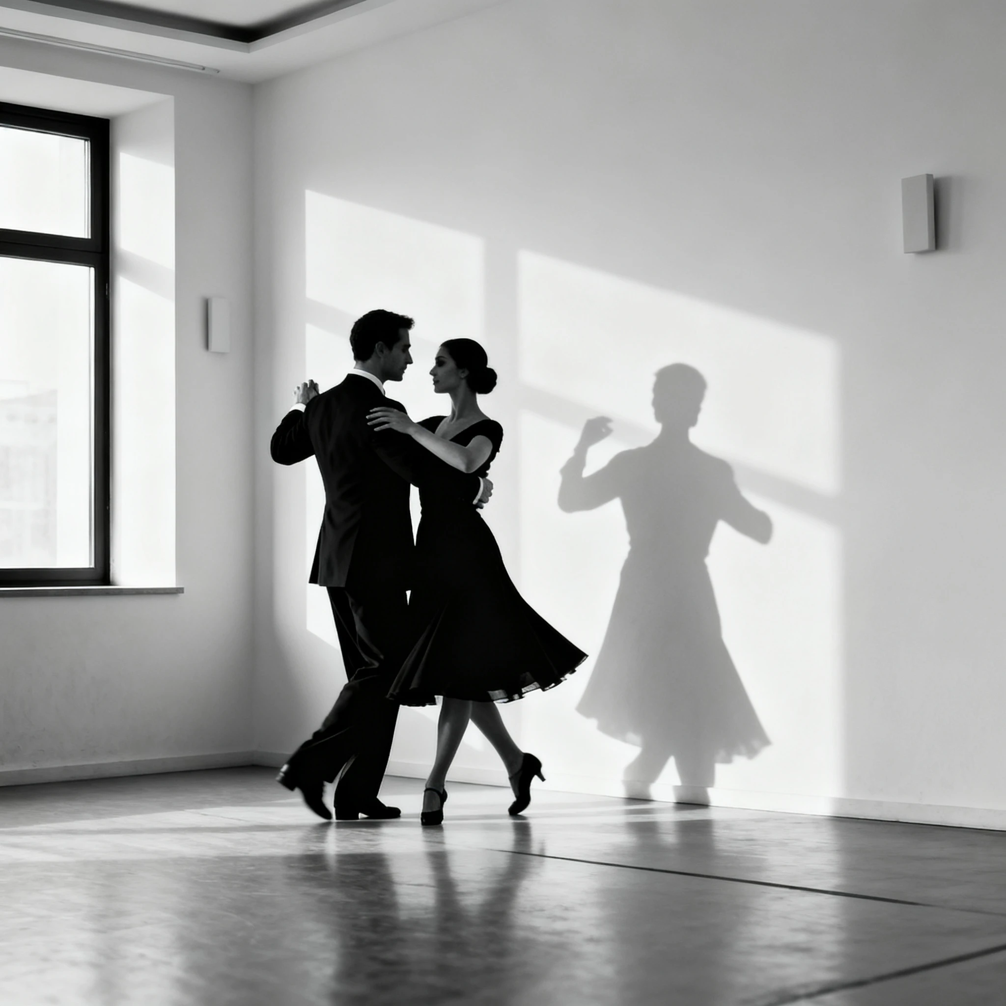 Un couple en silhouette danse dans un intérieur moderne près d’une fenêtre