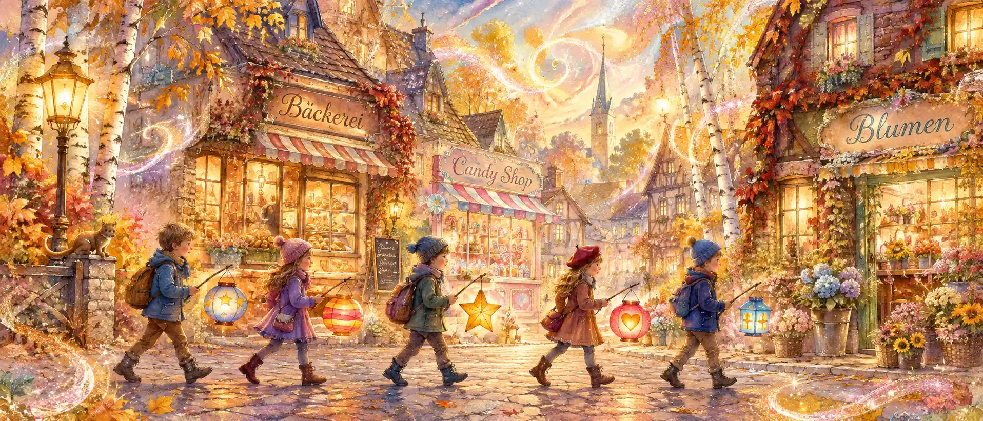 Des enfants portent des lanternes colorées dans un village pastel en automne