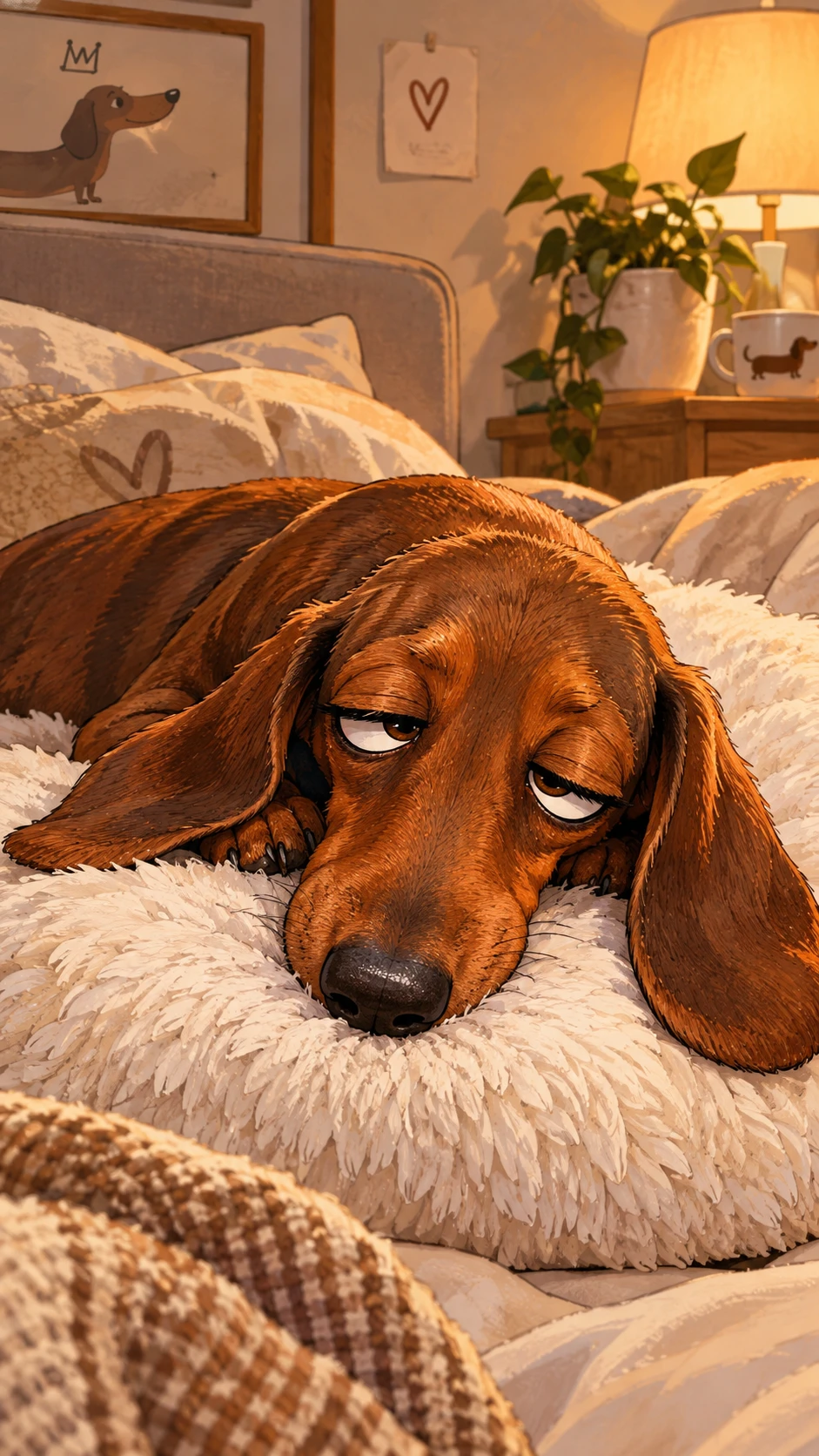 Un dachshund somnoliento descansa sobre una mullida almohada blanca