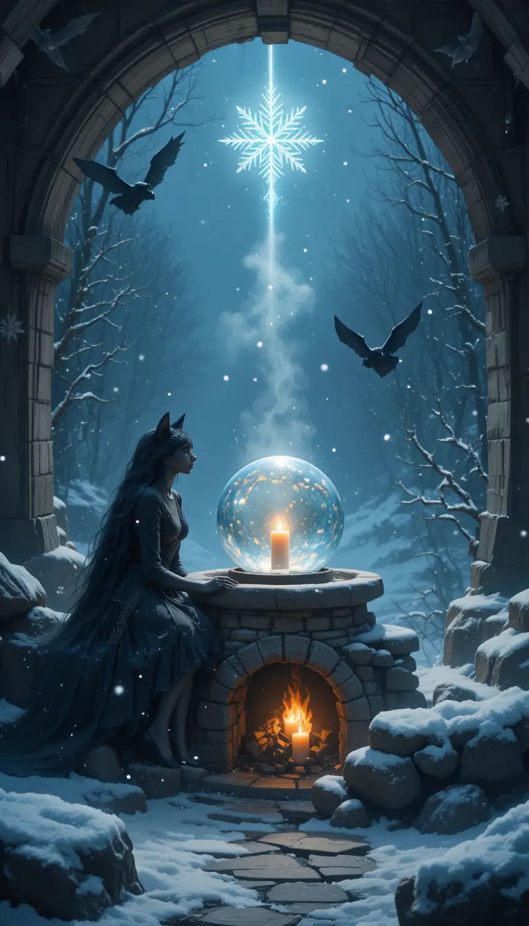 Uma garota-gato de fantasia senta-se ao lado de um lobo afetuoso em uma paisagem de inverno com neve